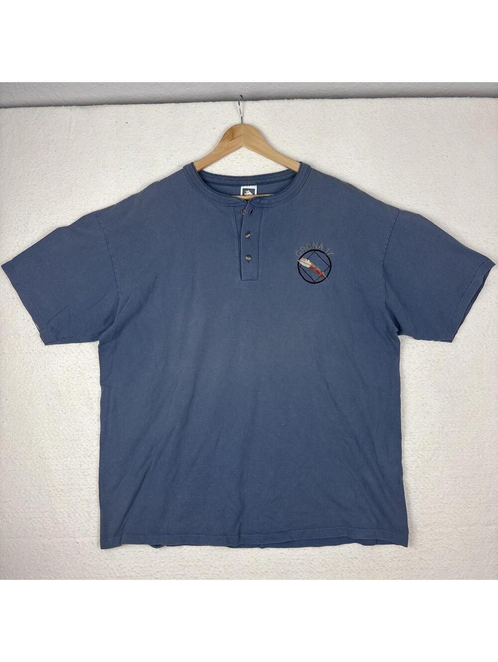 Vintage 90s Cotton Deluxe Blue Henley Shirt XXL Single Stitch Embroidered GRCNA